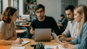 Grupo de profissionais reunidos discutindo estratégias, representando na prática o que é CMO em empresas B2B.