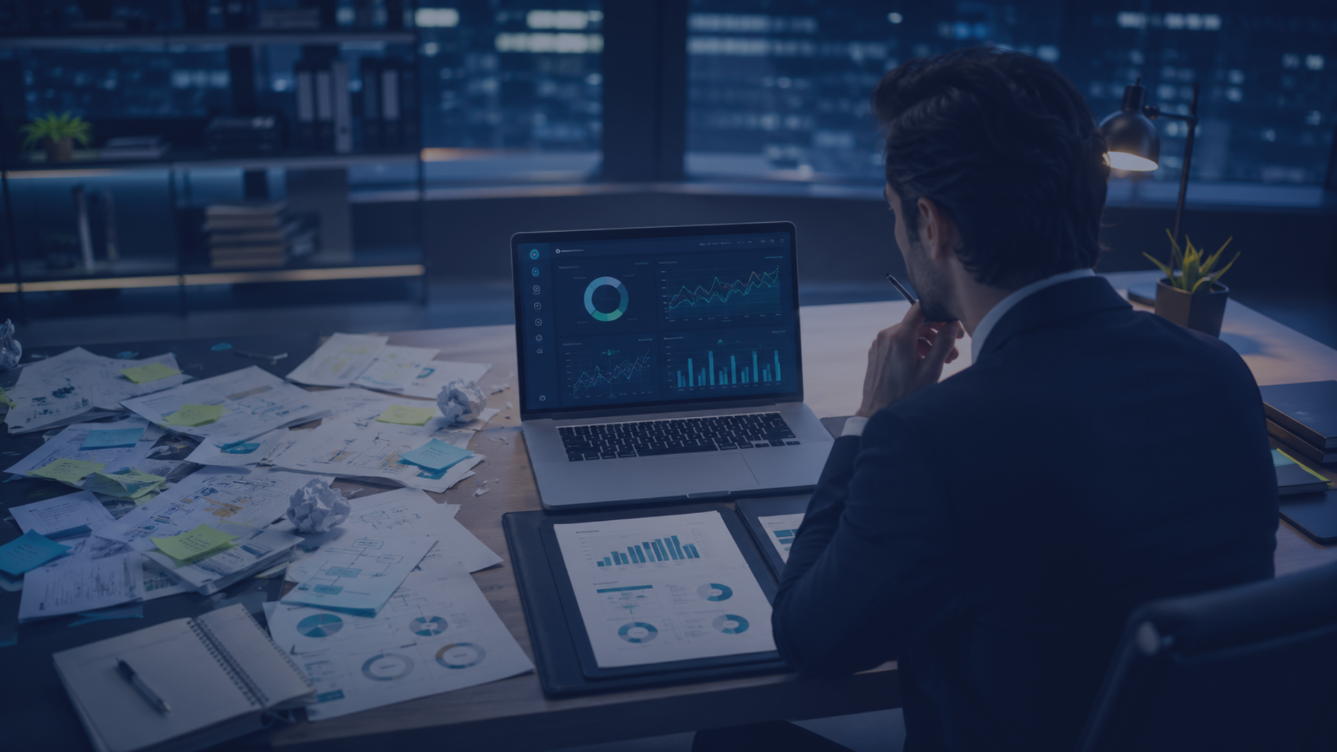 Profissional analisando a organização de processos, indicadores e ações de marketing e vendas em ambiente corporativo