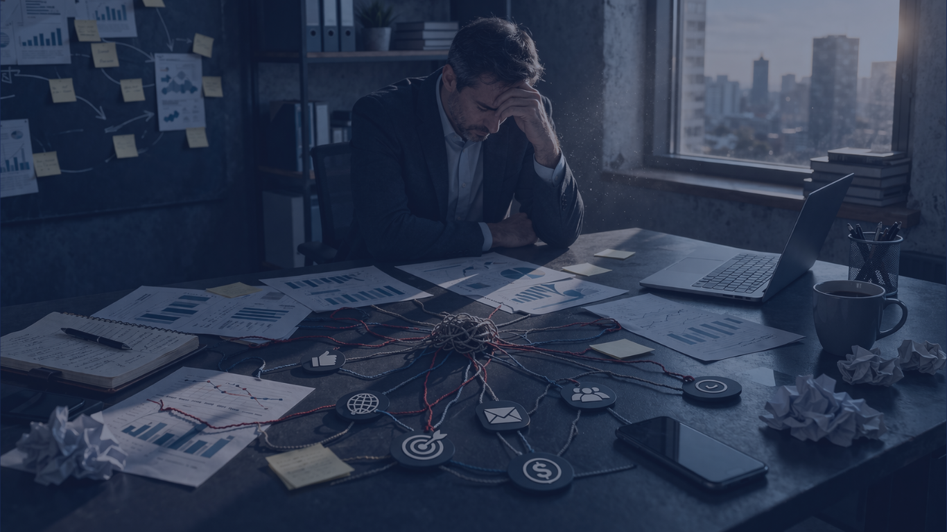 Profissional analisando ações de marketing B2B sem processo em mesa de trabalho