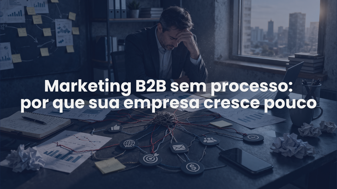 Capa do artigo sobre marketing B2B sem processo, com executivo em escritório cercado por gráficos, papéis e canais desconectados.