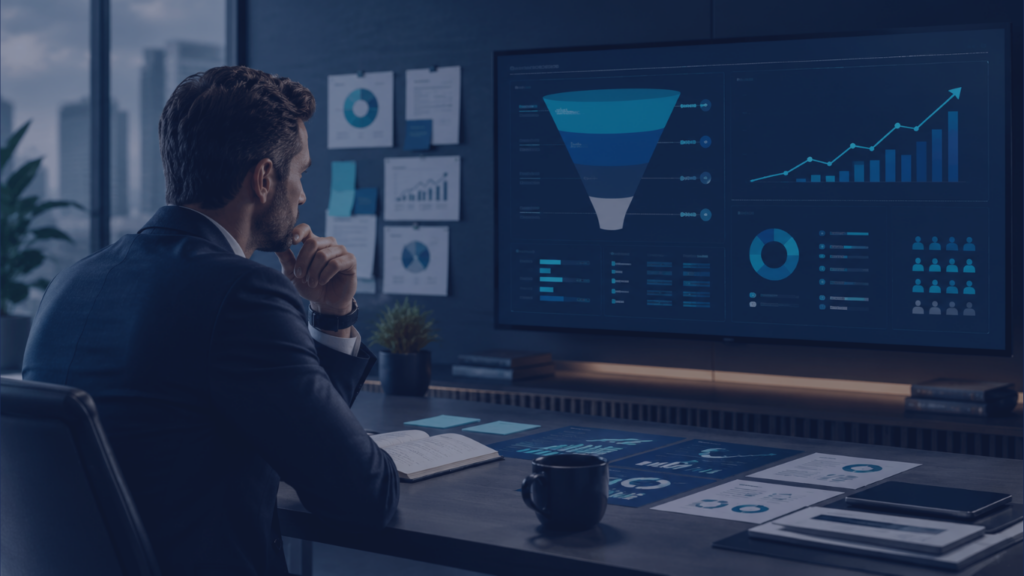 Profissional analisando estratégia de marketing B2B com canais, indicadores e planejamento em ambiente corporativo