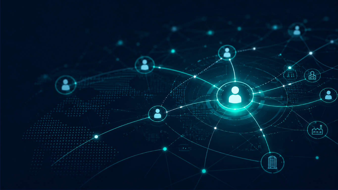 Rede digital conectando pessoas, empresas e sinais comerciais, representando a prospecção contextual B2B baseada em dados, relacionamento e abordagens relevantes.