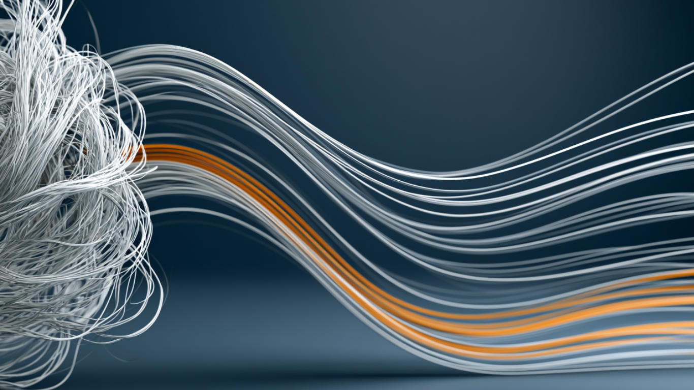Fios emaranhados se transformando em linhas fluidas e ordenadas, representando a automação de processos B2B a partir do mapeamento da operação