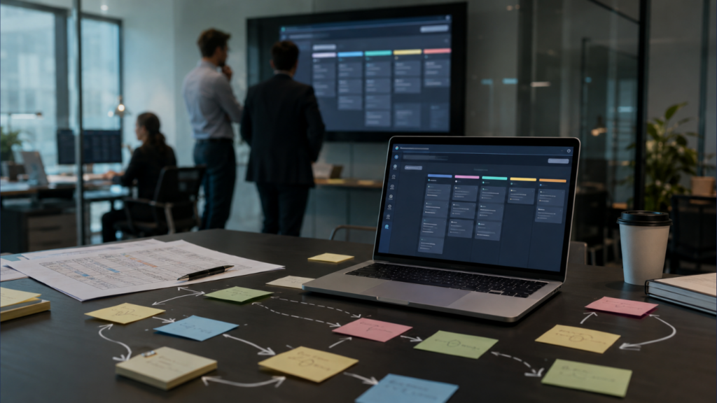 Tela de CRM em um notebook sobre uma mesa de trabalho, cercada por papéis, post-its e fluxos desenhados, representando uma operação comercial com tecnologia subutilizada e processos desorganizados.