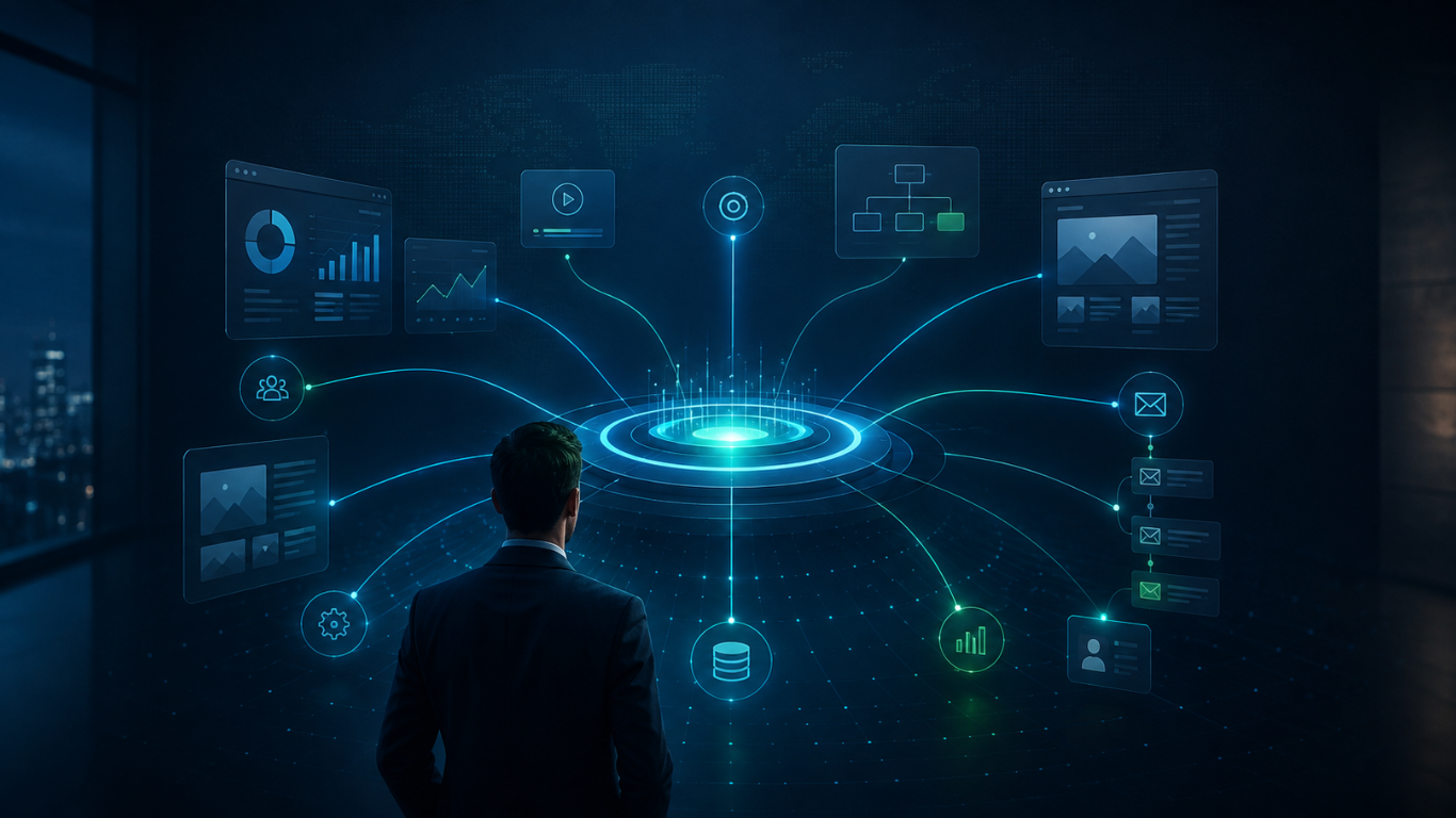 Executivo diante de uma estrutura integrada de marketing B2B, conectando dados, conteúdo, mídia, automação, CRM e indicadores.